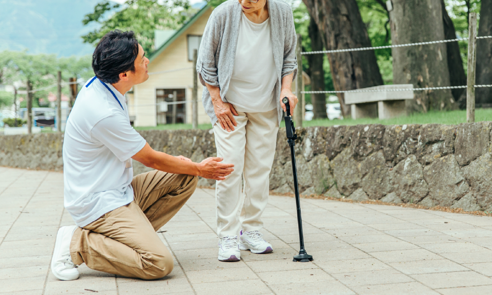 介護職員が施設ご利用者様を支えながら共に散歩をしている様子